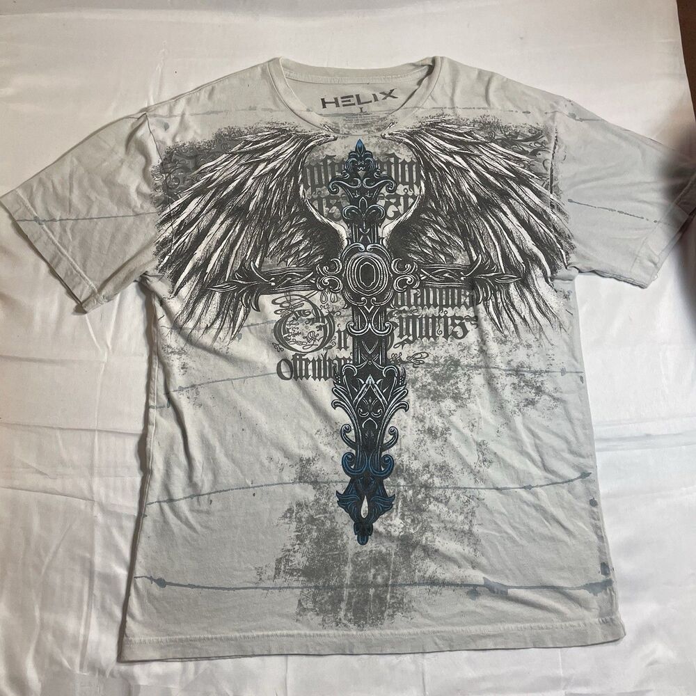 Helix Men's Large Shirt White Graphic Short Sleeve Tee Aop Cyber Grunge